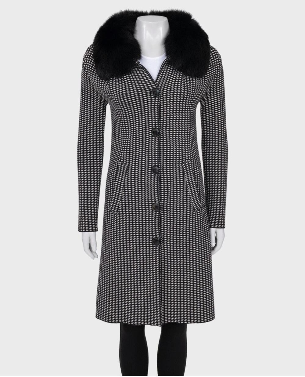 Christian Dior Black & White Wool & Fox Fur Coat Sz. S